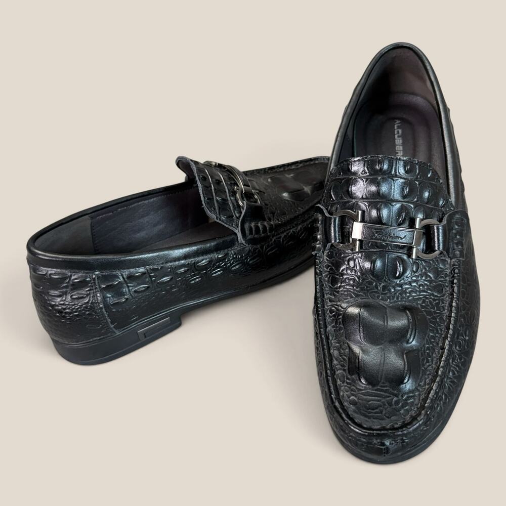 Alcubieree Mens Black Loafer Horsebit Fashion Shoes EU44 US10.5 PU Faux Leather